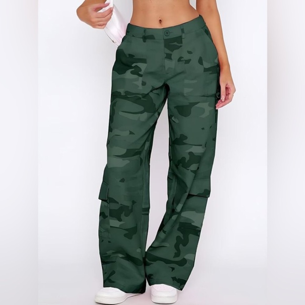Flamingals Camo Cargo Pants Women Mid Waist Baggy Y2K Work Pants Camouflage L